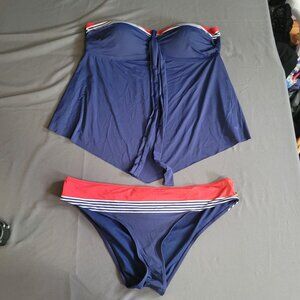 La Vie En Rose Aqua Tankini Set Womens XXL Blue Striped Strapless Swimsuit Beach